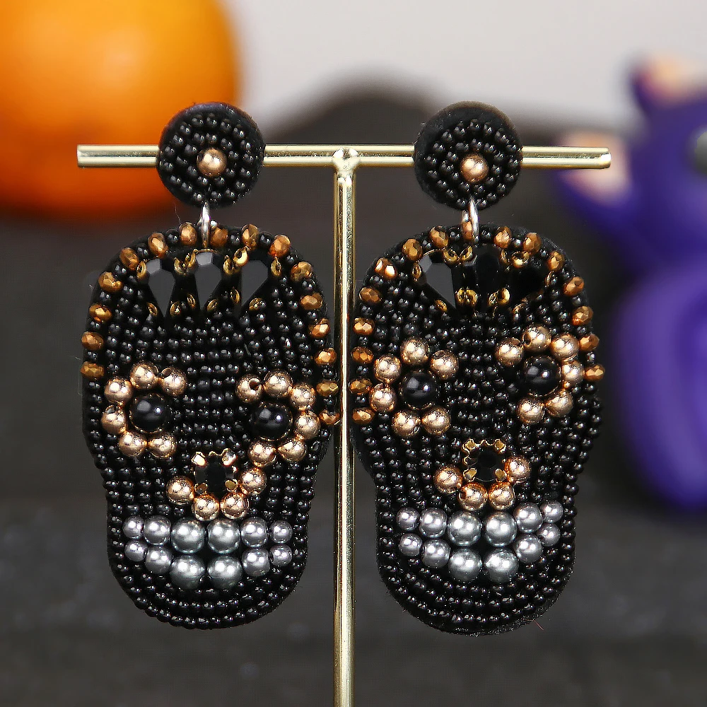 2023 New Fashion Hand Knitting Beaded Halloween Pumpkin Ghost Skull  BOO Seed Bead All Saints\' Day Earrings Women Jewelry