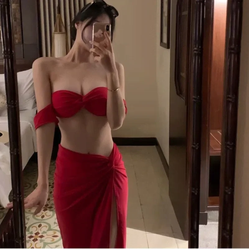 ชุดบิกินี่ผู้หญิงแบบใหม่ เอวสูง พร้อมเสื้อคลุมเซ็กซี่ผูกไหล่ แขนสั้น ชุดว่ายน้ำสามชิ้น พร้อมเสื้อคลุม