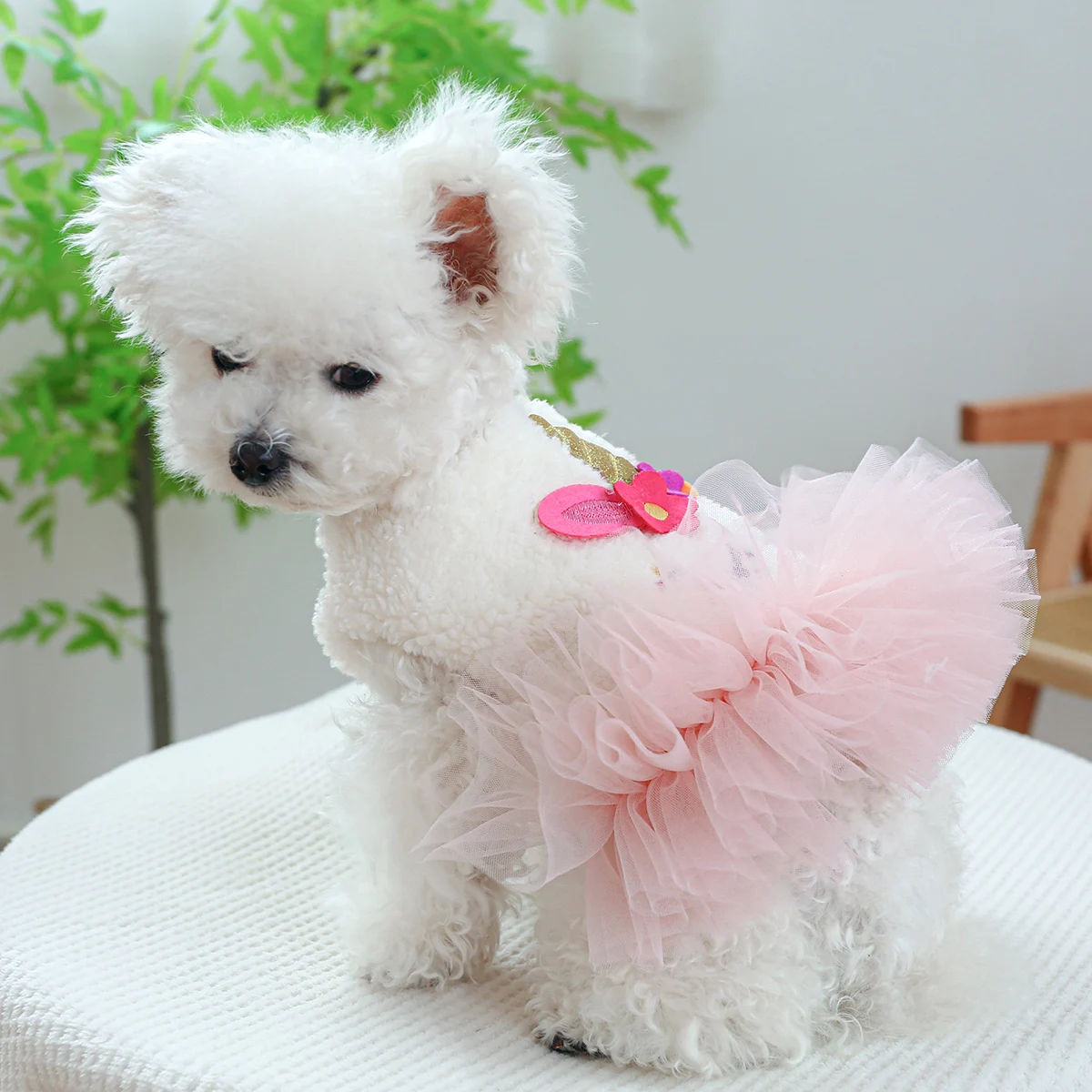 1PC Pet Apparel Dog Autumn/Winter Thickened  White Unicorn Princess   Yarn Dress With Drawstring Buckle For Small Medium Dogs