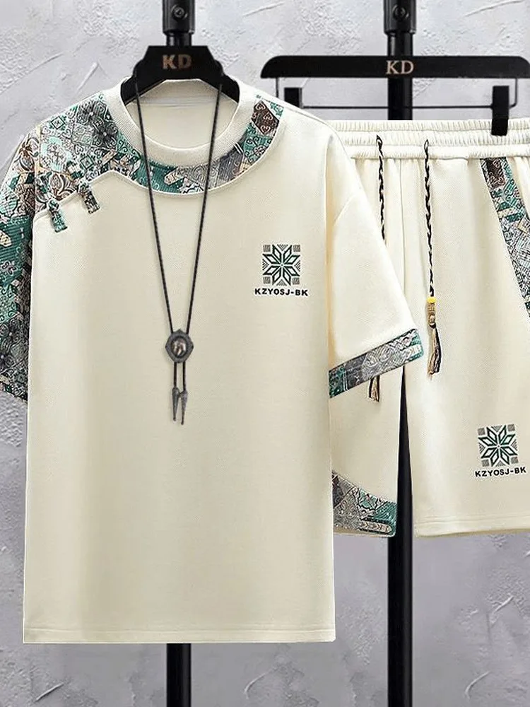 新しい中国風カジュアルスポーツウェアセット男性用夏ハンサム半袖tシャツとショートパンツツーピーススーツ若者ファッション