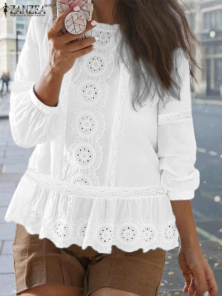 Fashion Casual Hollow Out Blusas 3/4 Sleeve Patchwork Tops ZANZEA Women Solid Lace Blouse Vintage Round Neck Tunics 2024 New