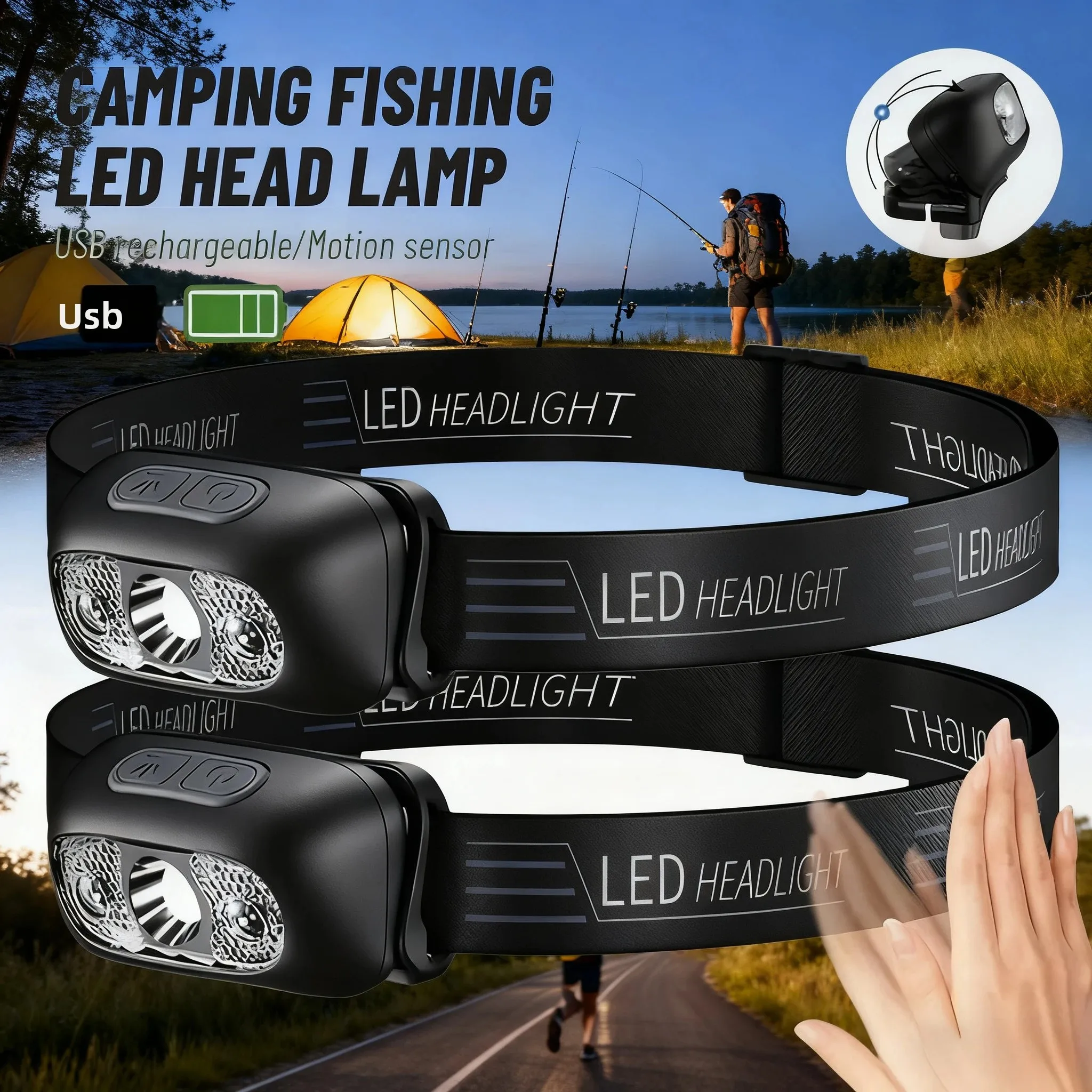 Rechargeable Headlamp with Motion Sensor, Bright LED Headlight for Hands-Free Use, Lightweight Light for Running Camping Hiking