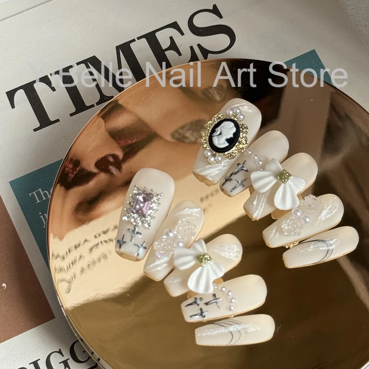 Juego de 10 piezas de uñas postizas hechas a mano de mariposa blanca, decoración de Ballet larga, perlas, manicura usable, puntas de uñas falsas