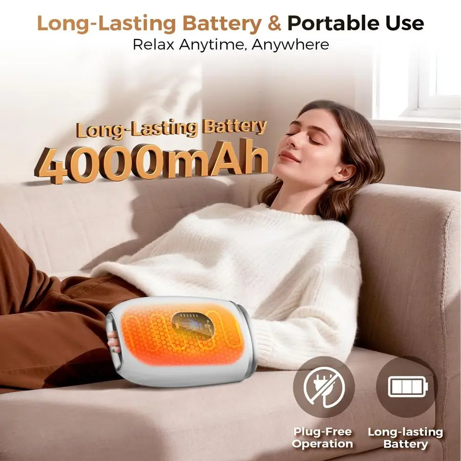 温熱と圧縮機能付きマッサージ器、4000mAh充電式バッテリー、心地よい揉みほぐしとストレッチ、手のひら、指、手首のマッサージ