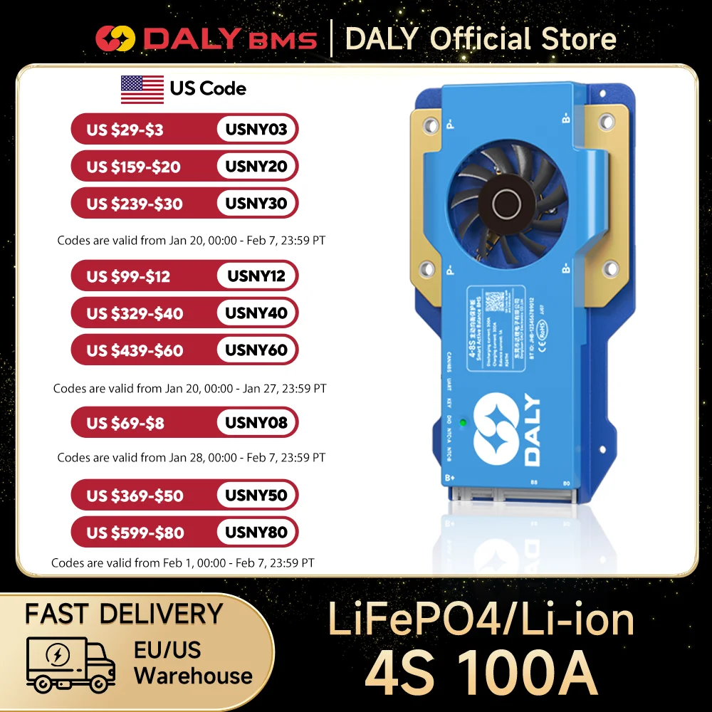 Daly BMS 4S 8S -17S 16S 24s US Shipping Smart bms wifi bms Active balance BT 4-8S Lifepo4 Li-ion bms lifepo4100 balance 250A BMS