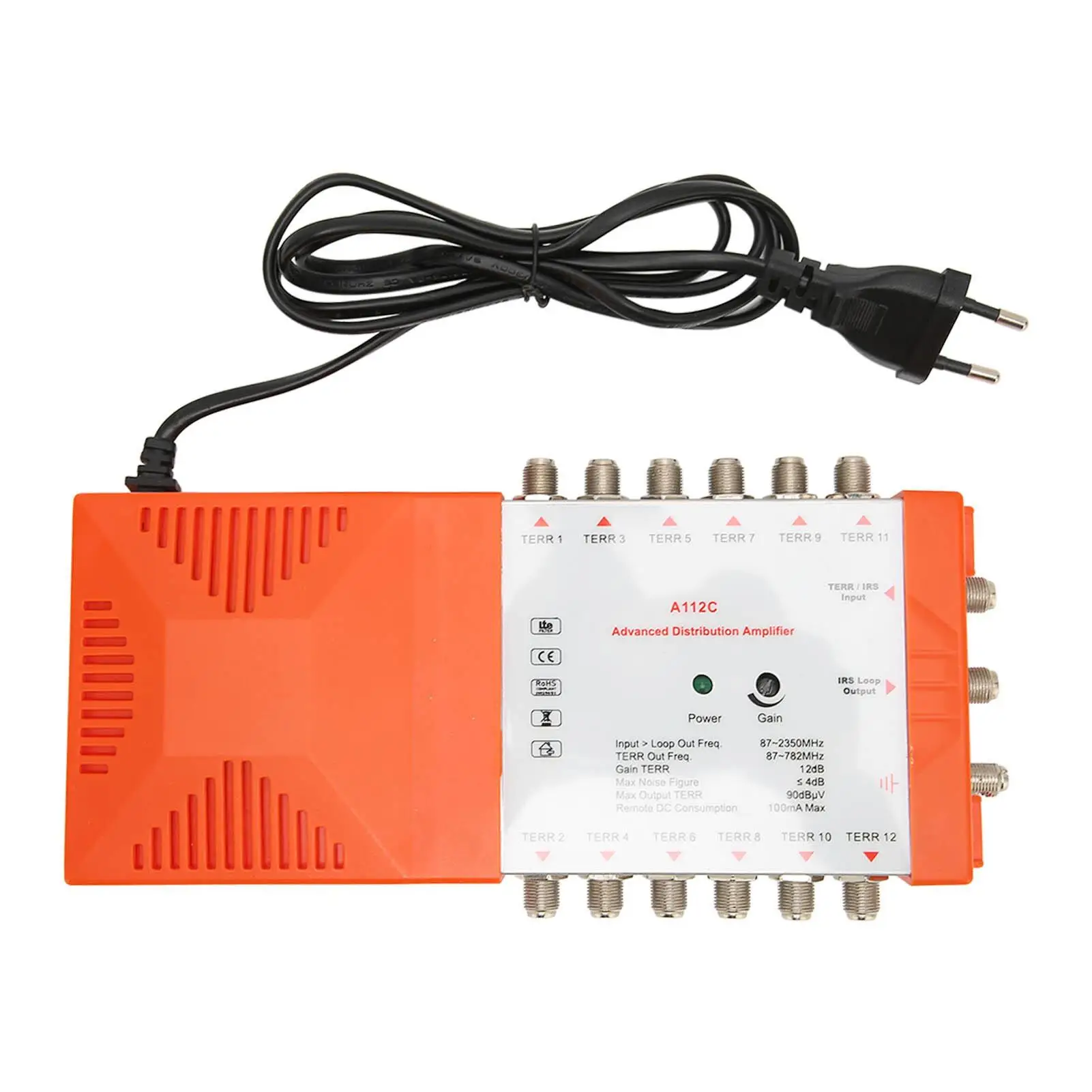 12 Channel Cascadable Distribution Amplifier with LTE Filter, 12-Way Splitter, EU Plug 230V