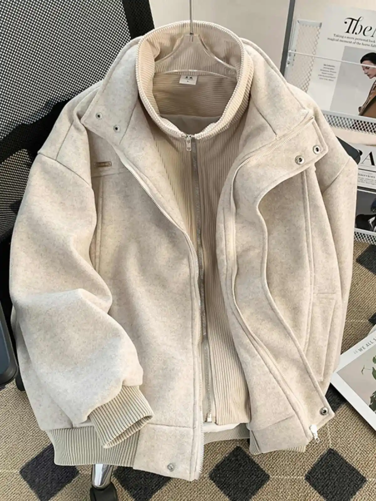 Women Apricot Woollen Jacket Coat Vintage Harajuku 2000s Warm Thicke Long Sleeve Autumn Coats Fashion Outerwear Top 2025 Clothes