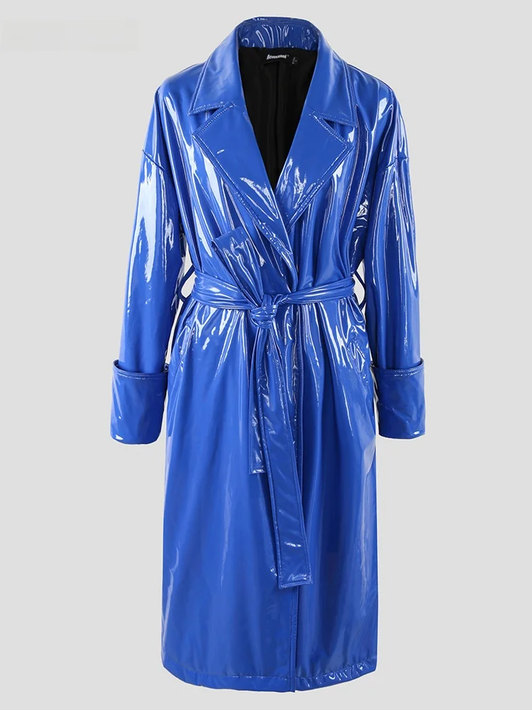 Nerazzurri Women's Oversize Long PU Leather Jaet High Gloss Painted Leather Street Sle Faion Autumn Winter Coat