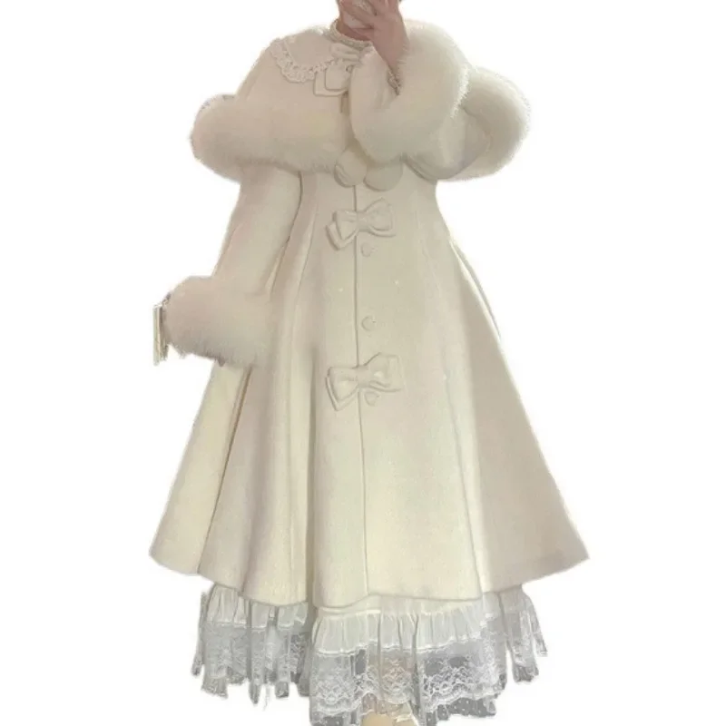 

Winter Snow Princess Chinese Style Waist Cinched Mid Length Woolen Coat Jacket 2024 Butterfly Bow Winter Temperament New Style