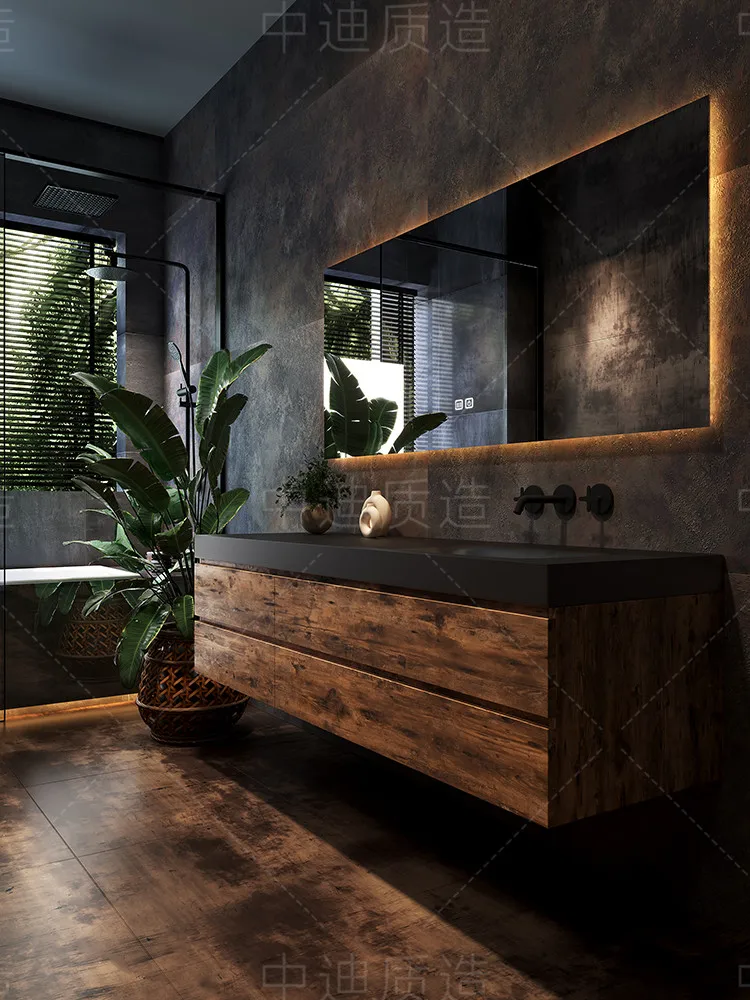 Customized retro wind rock slab hot bending seamless ceramic integrated basin bathroom cabinet combination toilet wash