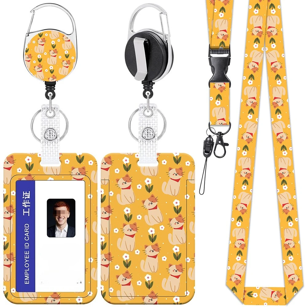 

Держатель бейджа с цветочным принтом кота, милый набор ремешков для женщин, медсестра, учитель, выдвижная катушка, зажим для карт, чехол-держатель