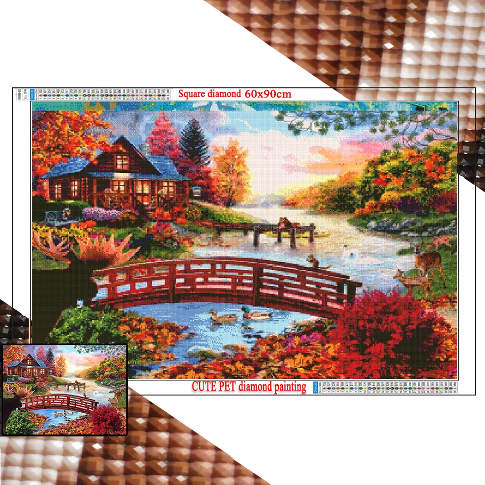 European retro Diamond Painting Cross Stitch DIY Autumn scenery 5d Diamond Embroidery Mosaic Village cabin Wooden bridge Decor