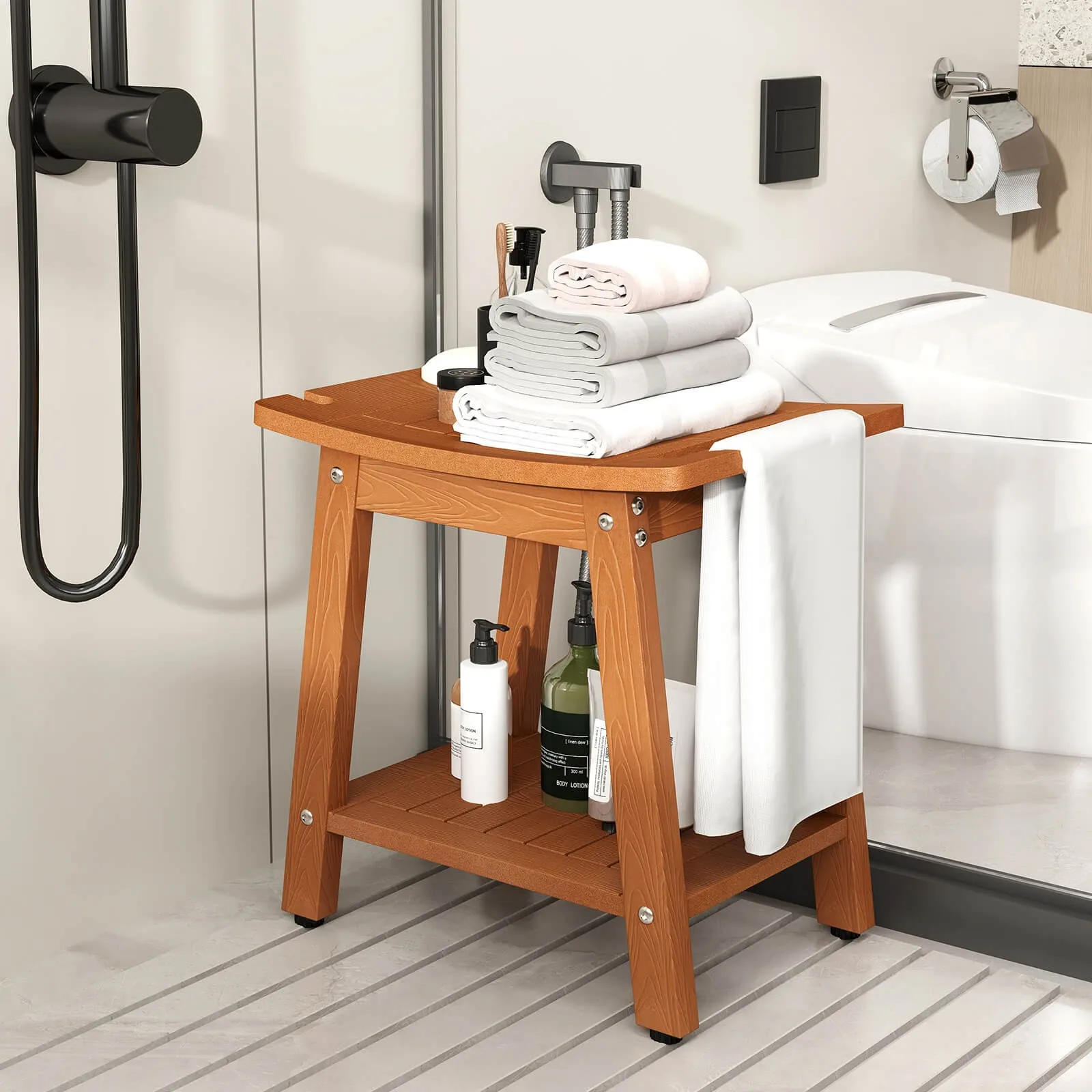 

Shower Bench Seat HIPS Shower Stool w/Handle Shower Head & Soap Holder
