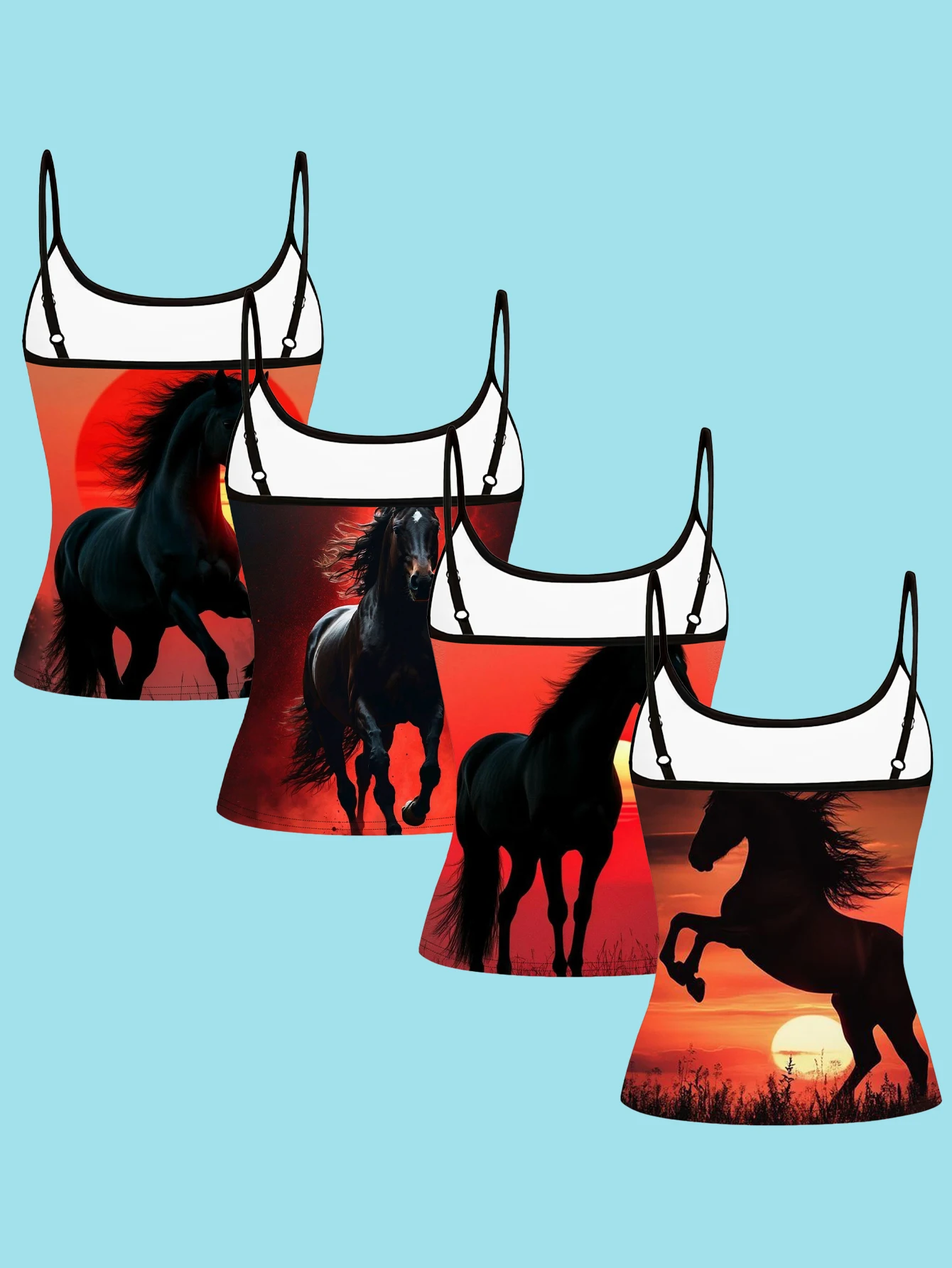 4-Piece Set of Women's Sunset Horse Print Camisoles, Red and Black Silhouette Galloping Horse Sunset Prairie Slim-Fit Spaghetti Strap Inner Tops