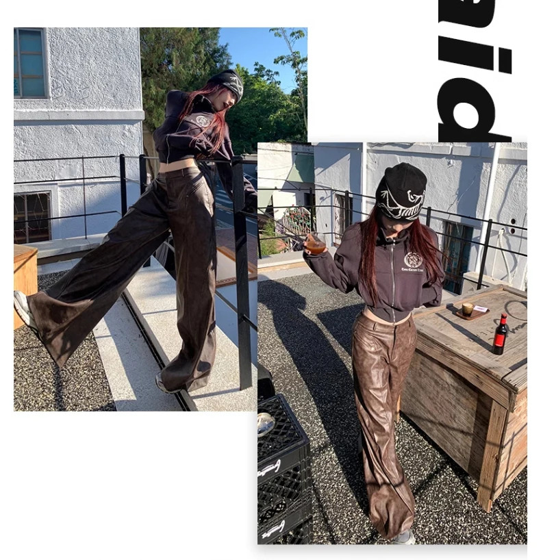 Lautaro Spring Long Loose Casual Soft Distressed Brown Pu Leather Wide Leg Pants for Women High Waist Korean Style Fashion 2024