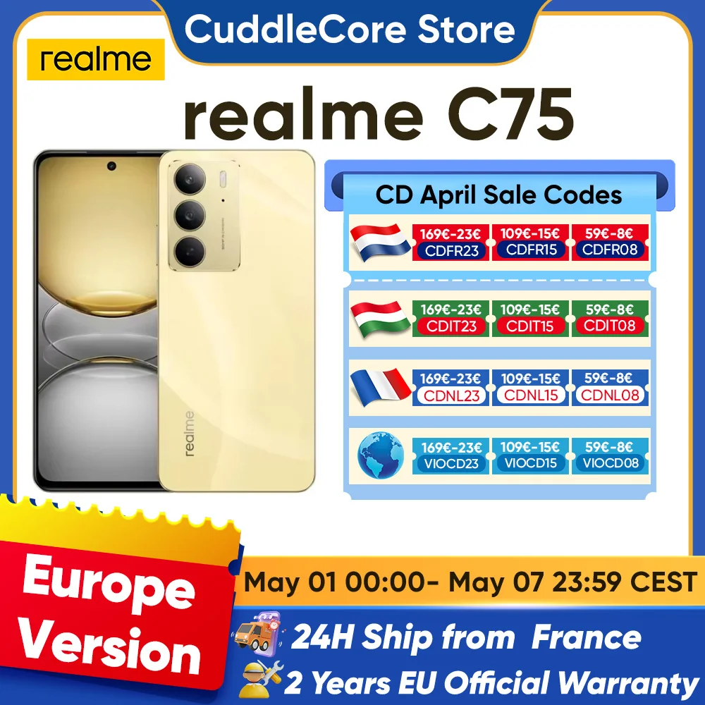 Smartphone realme C75, MediaTek Helio G92, écran 6,72'' 90Hz, batterie 6000mAh, appareil photo 50MP, charge rapide 45W, IP69, version globale