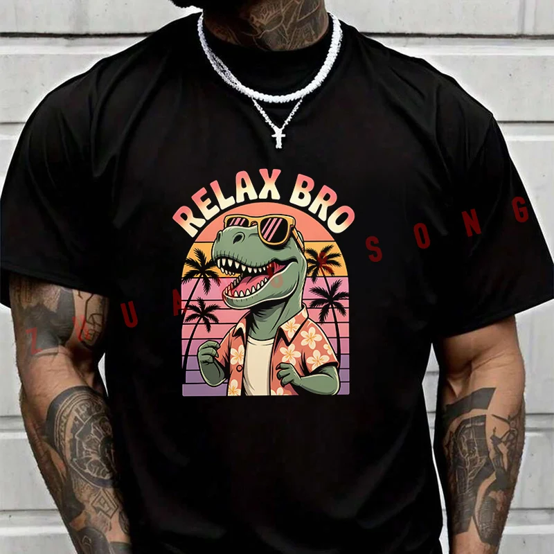 

Relax Bro Dinosaur T-SHIRT Male Brand Tee Shirt Men Summer T Shirts Casual High Quelity O-neck Tees