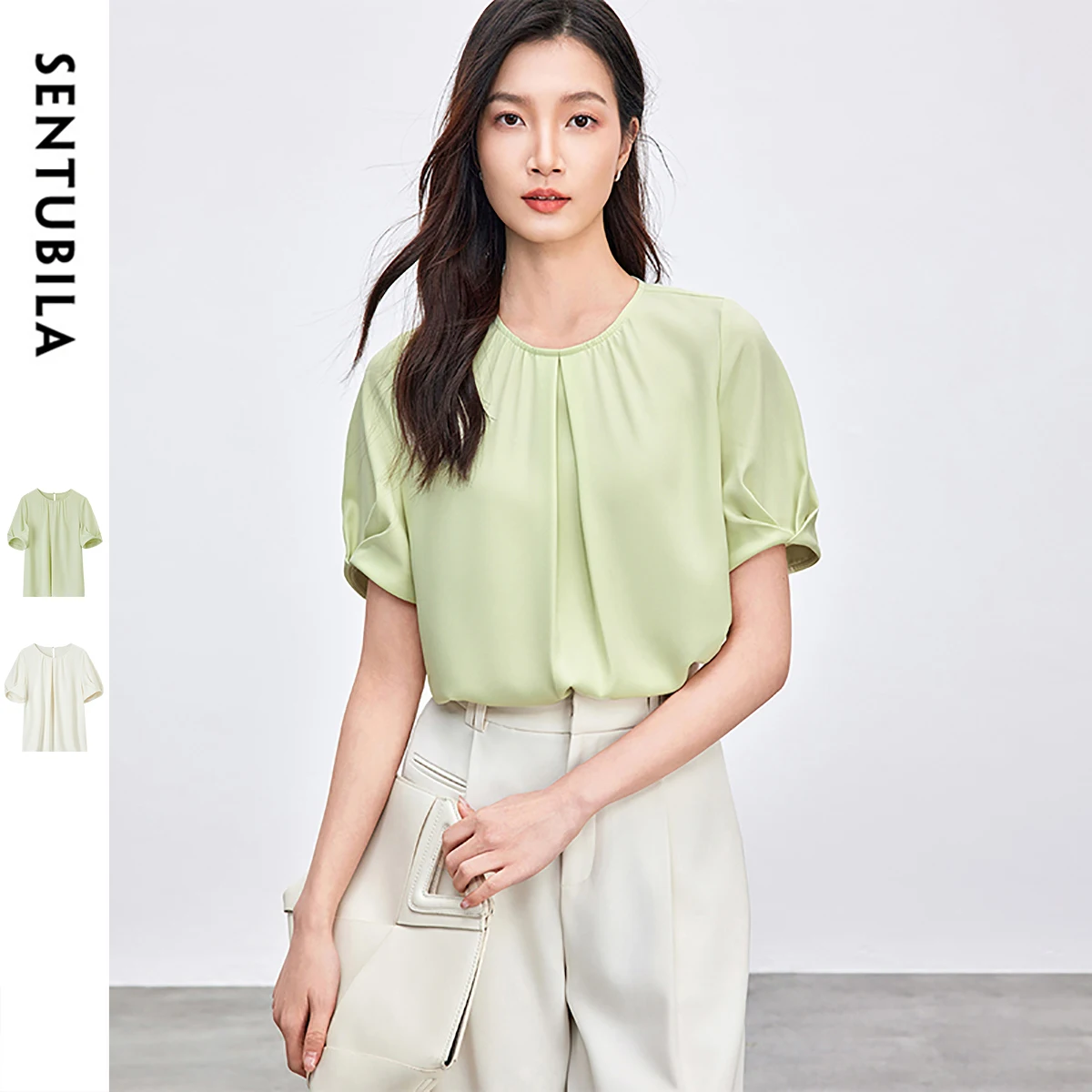 

SENTUBILA Elegant Solid Color Women Blouse 2025 Spring Summer Loose Chiffon Puff Sleeve Crewneck Shirts & Blouses 152V59024