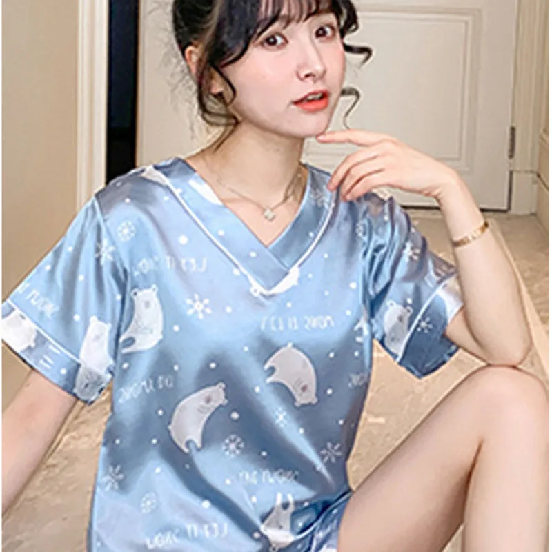 Two Sets Of Ladies Pajamas Suit Summer Ice Silk Short-Sleeved Korean Version Of The Sexy Thin Section  Large Size Homewear Girls