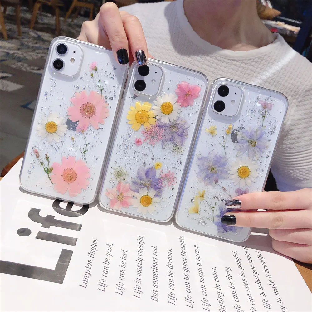 For iPhone 14 Pro Max 13 12 11 X  Case, Real Dried Flower Leaf  Pressed Floral Flexible Soft Rubber Gel TPU Case