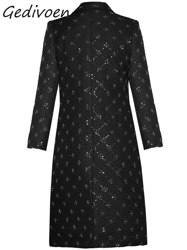 Gedivoen-Manteau en mélange noir pour femme, bouton à revers, paillettes perlées, taille haute, mince, long, mélanges, créateur de mode, luxe, hiver