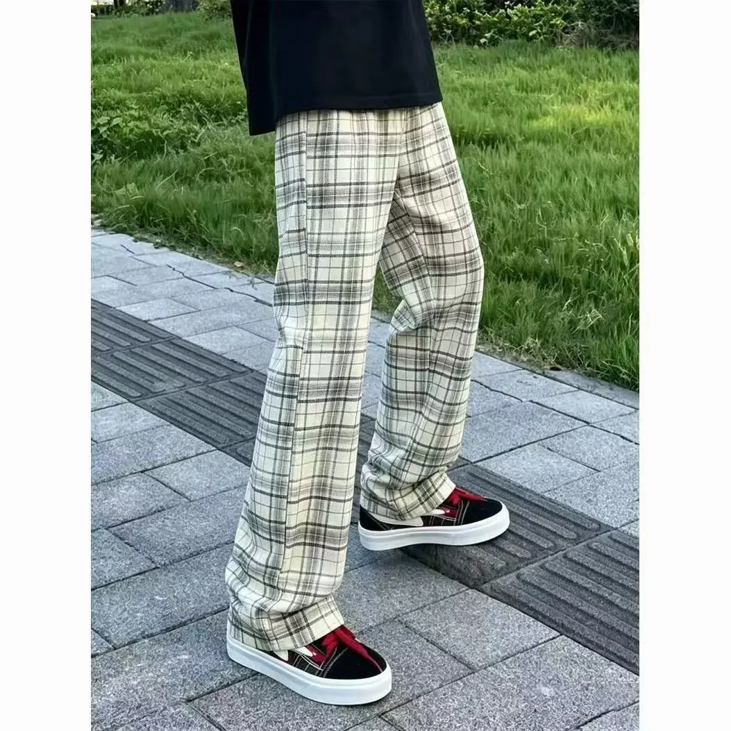 Cleanfit Deep Blue Plaid Men's Retro Straight Leg Sports Casual Pants Couple's Trendy Brand Straight Cut Long Trousers