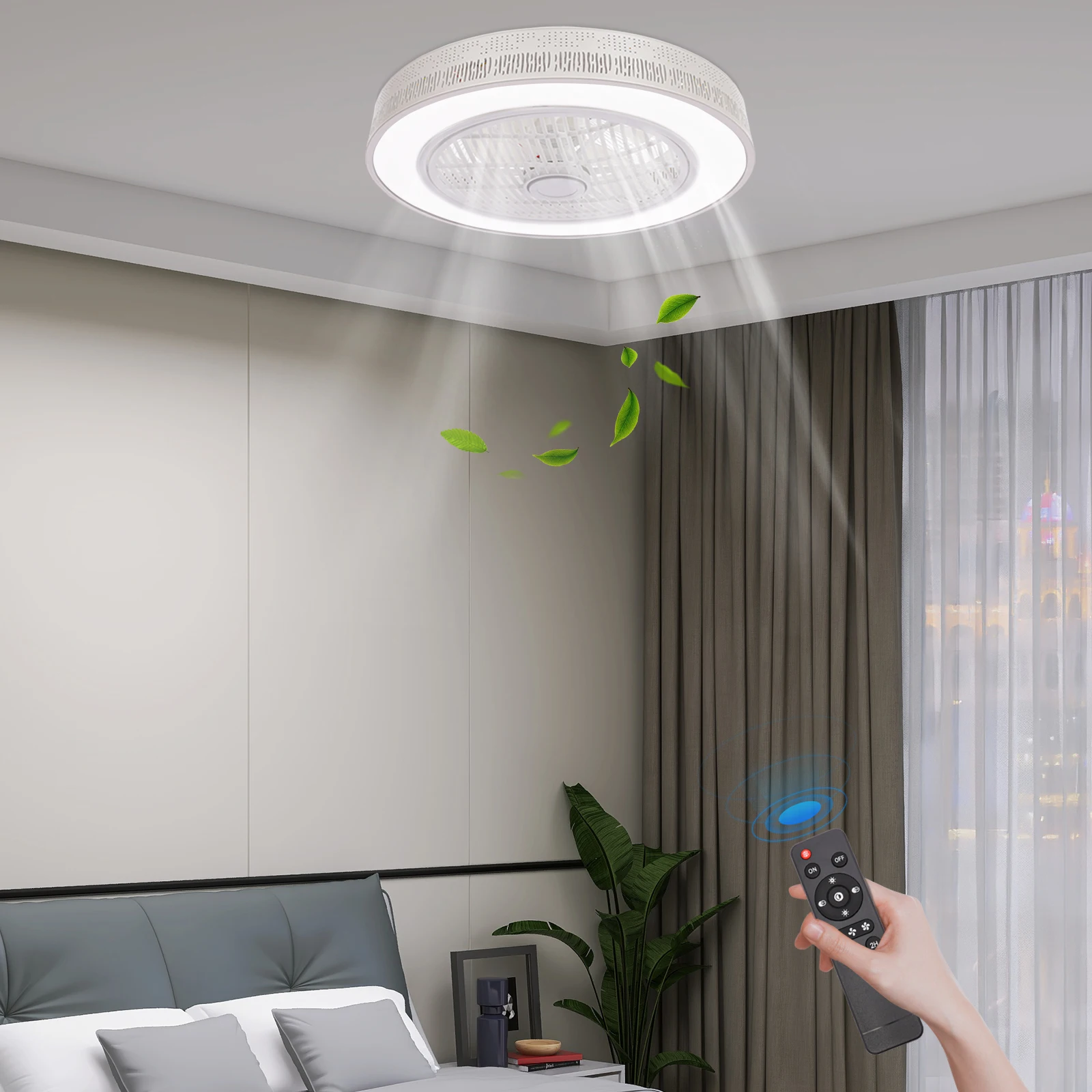 55Cm Round Ceiling Fan Light 3 Color LED Chandelier Lamp Bedroom+Remote Control