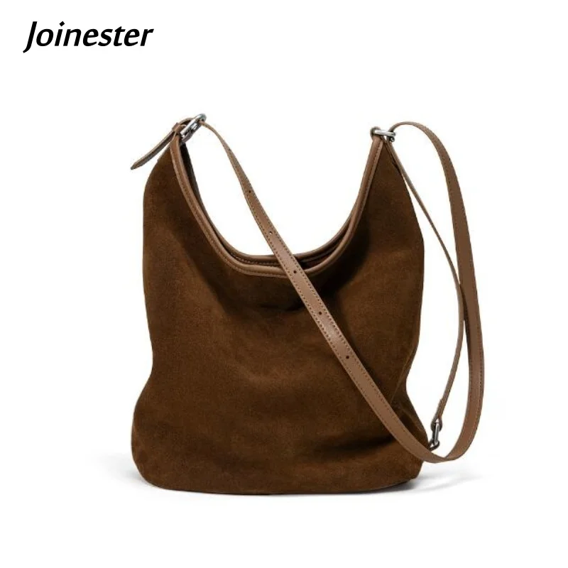

Suede Cow Leather Bucket Shoulder Bag for Ladies Vintage Pure Color Commuting Bags Versatile Genuine Leather Messenger Bag