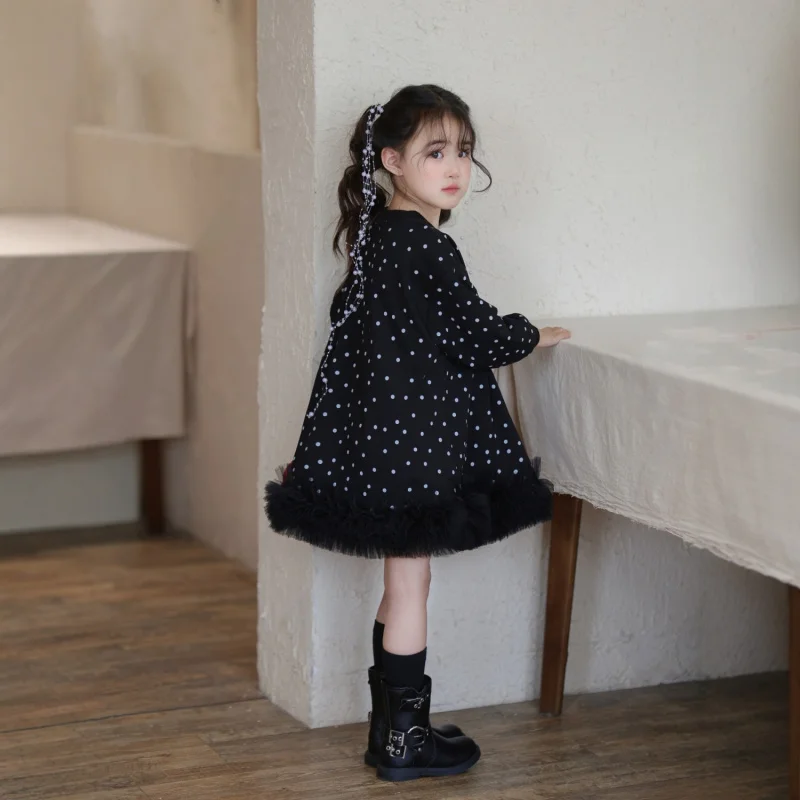 

Girls Black Polka Dot Mesh Cake Skirt Sweatshirt Skirt2025Autumn New Girls Long Sleeve Princess Dress Puff Skirt