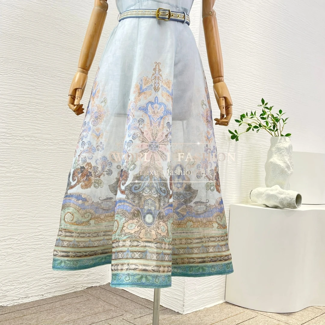 レトロペイズリーニューリネンシルク春夏ビーチスタイル高品質フルスリーブスタンドカラーウエスト女性ミディドレス