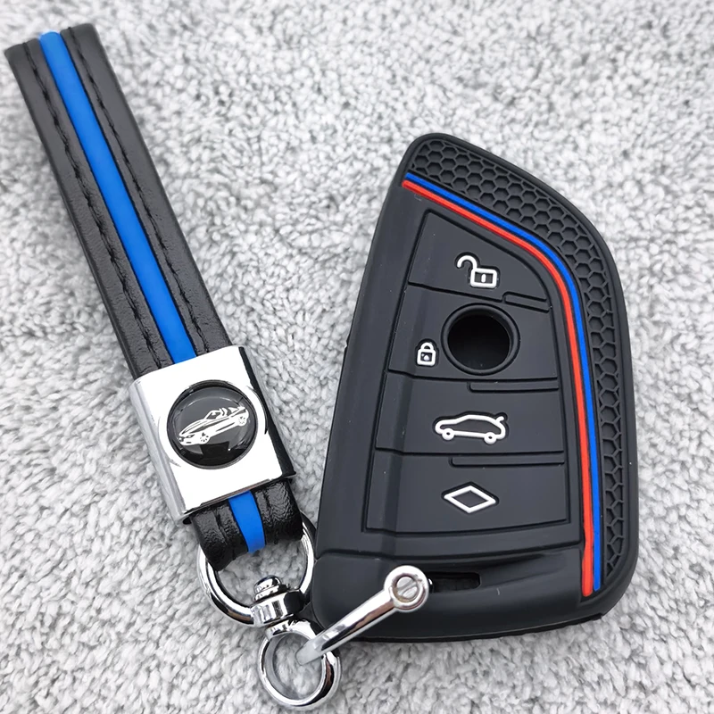 For BMW 2 3 5 6 7 Series X1 X2 X3 X5 X6 2023 2022 2021 Remote 4 Button Silicone Key Fob Ring Chain Case Cover Holder Protector