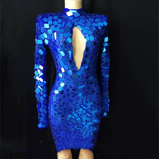 Sexy Blue Stretch Skirt  Shining Lens Short Dress Evening Party Wear Prom Sequins Dresses Singer Bar Night Club