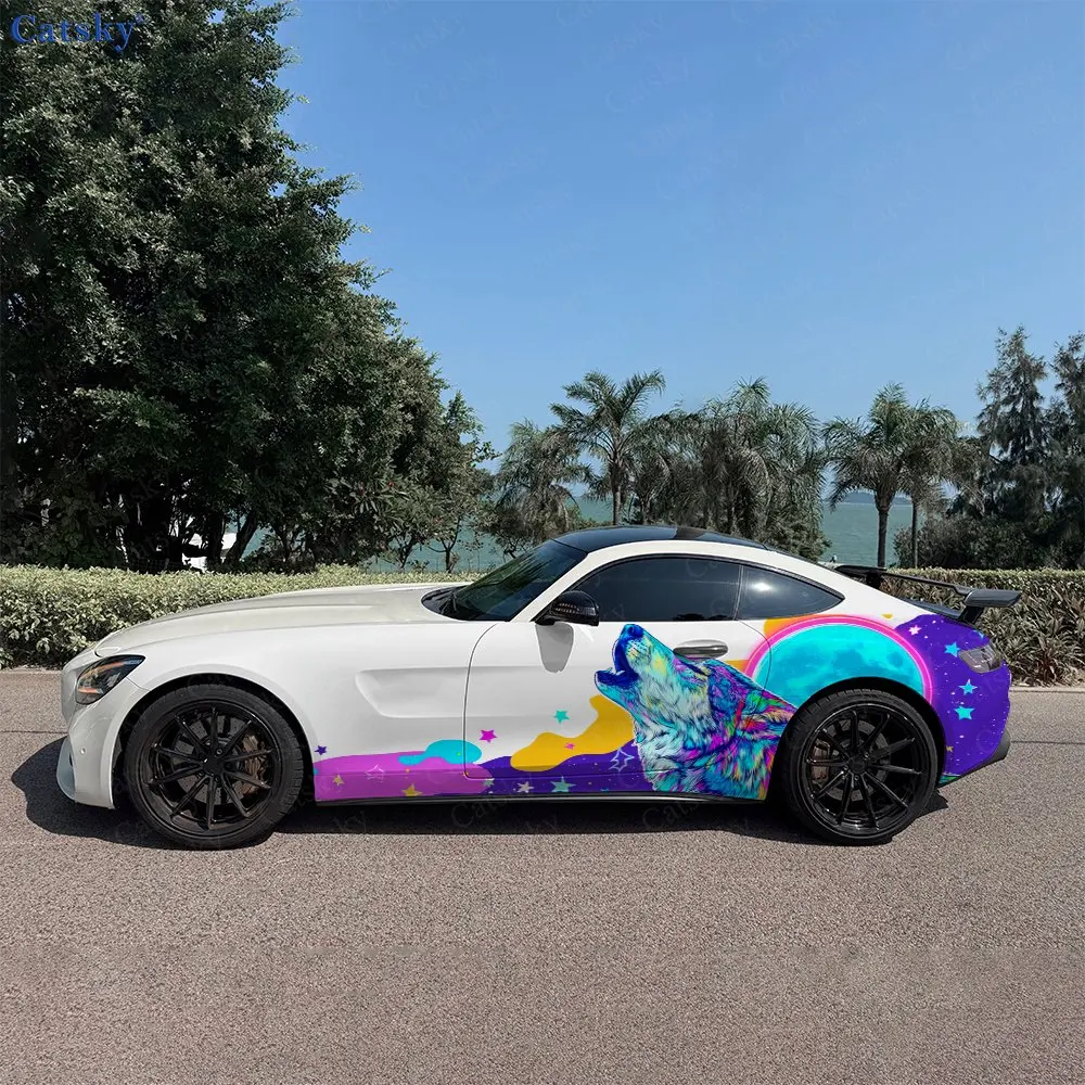 2pcs Howling Wolf with Purple-Blue Moon Car Side Wraps, Self-Adhesive PVC Waterproof & Scratch-Resistant Stickers, Car Accessory