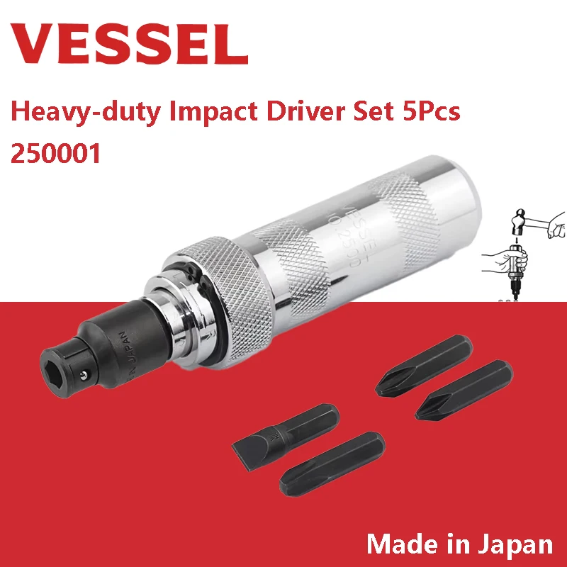 

VESSEL 250001 Manual Impact Screwdriver Set 5 PCS Portable Reversible Impact Driver with 4 Bits SL/PH Durable Hand Repair Tools