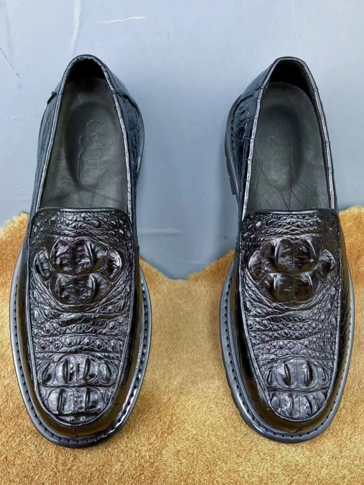 Top Quality Black Crocodile Leather Mens Formal Shoes British Style Round Toe Thick Soled Real Leather Business Work Footwear