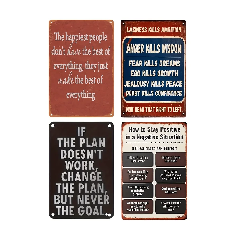 2D Flat , 4pcs Vintage Positive Motivational Mindset Life Quote Metal Tin Sign Office Bedroom Farmhouse Home Wall Decor Plaque