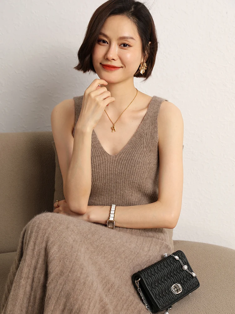 TLOML Elegancka damska kamizelka swetrowa 100% kaszmir Kamizelka z dekoltem w serek Prosty styl Sweter kaszmirowy Kamizelka na wiosnę i jesień Miękkie i wygodne topy
