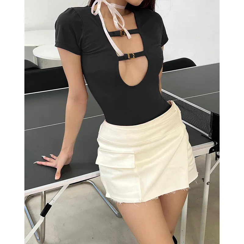 Strap Solid Bodycon Sexy Body Casual Basic White Summer Body donna top manica corta tute trasparenti tuta Slim