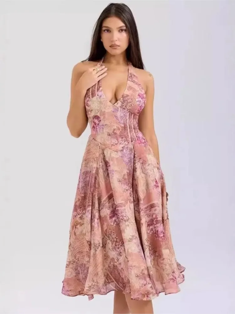 

Printed Hanging Neck Dress Holiday Casual Dress Women 2025 Ruffle Elegant Sexy Dress Summer Long Dresses Vestidos Para Mujer