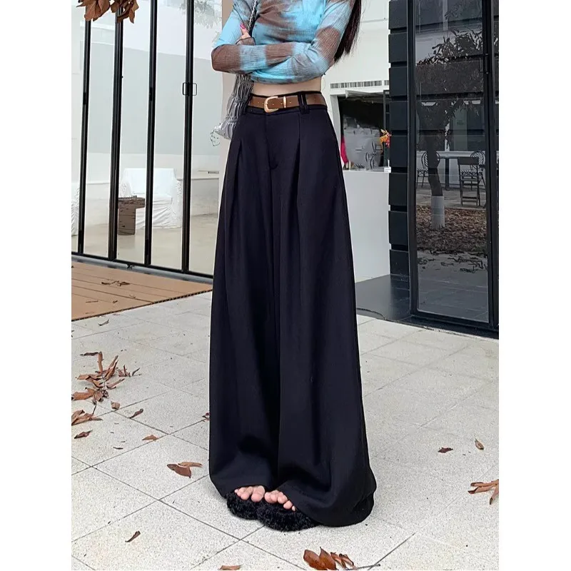 Black wide-leg pants women's new spring and summer 2025 black drape floor trousers