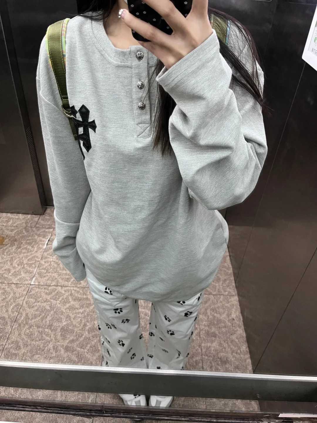 Retro American Wafer Grid Henry Collar Long Sleeve T-Shirt Women's Autumn Winter New Lazy Loose Casual Versatile Top
