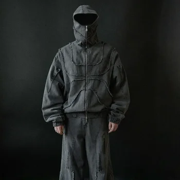 Giacca di jeans lavata Y2K American Doppia cerniera Cuciture Flangiatura Design Streetwear Pullover unisex oversize gotico High Street