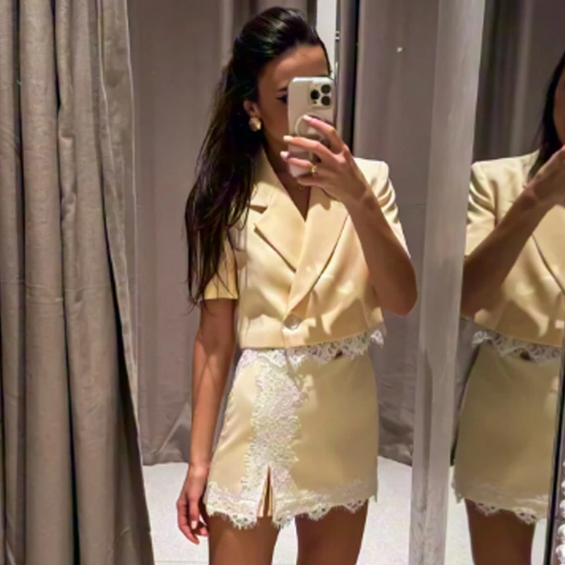 HXAO Spitzen-Set mit gelben Shorts und Röcken, Sommeranzug für Damen, kurzärmlige Blazer-Outfits, Mini-High-Waist-Culottes, Strandanzüge – Detail 8