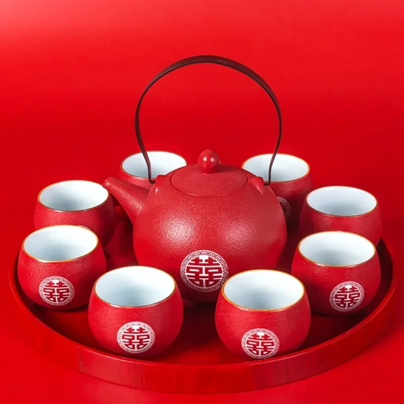 

Wedding Ceramic Tea Set Wood Tray Handmade Teapot Kettle Teacups Chinese Red Tradition Teaware Tea Ceremony Set Holiday Gifts