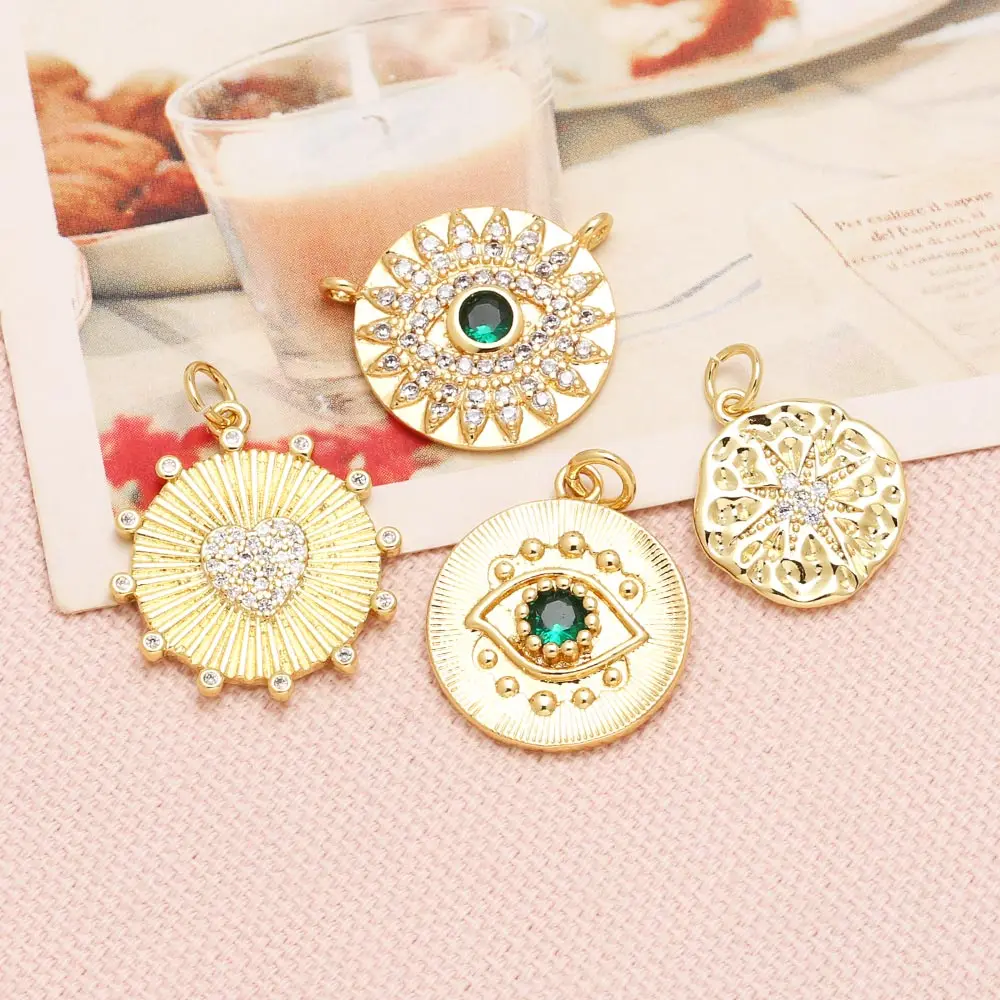 OCESRIO Trendy Green Crystal Evil Eye Medal Pendant for Necklace Copper Gold Plated Heart Jewelry Making Supplies pdtb833
