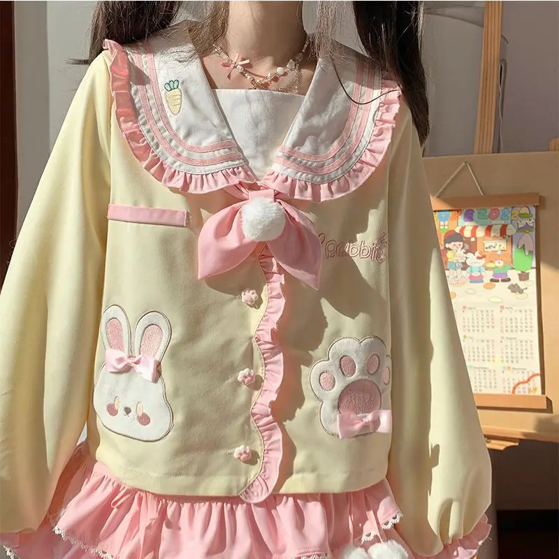 Japanese College Style 2‑Piece Outfit Cute Bunny Sailor Collar Jacket + Pink Ruffled Cake Skirt, Bow Embroidery Sweet Lolita Set - view 4