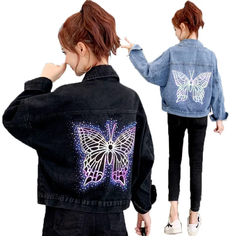 

Butterfly Pattern Blue Jean Jacket Coat Women Korean Loose Lapel Batwing Sleeve Black Jacket Spring