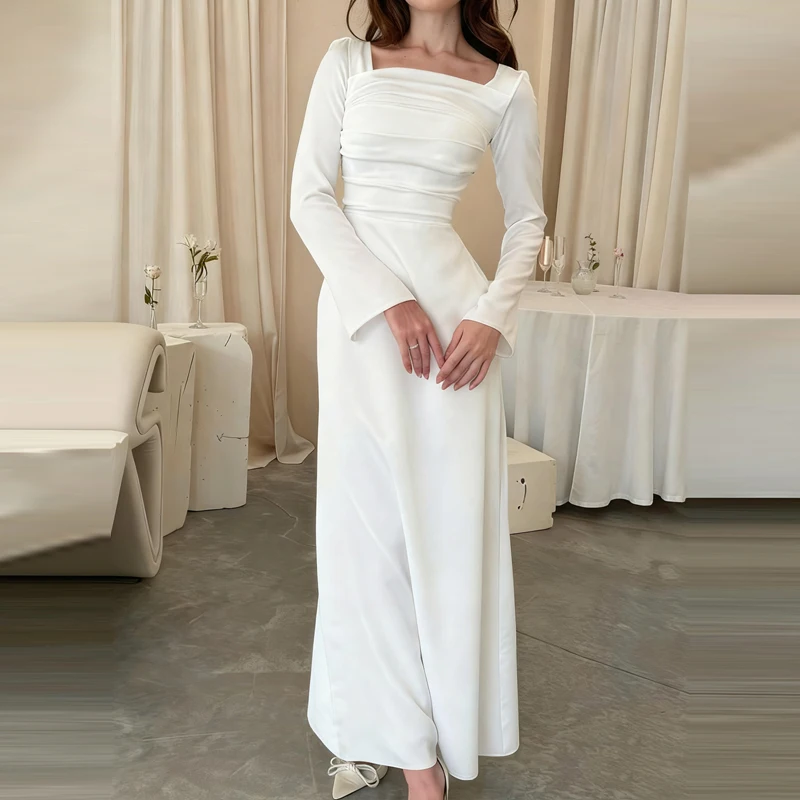 2025 casual manga longa fino ajuste vestido branco feminino elegante drapeado cintura vestido de casamento moda pescoço quadrado temperamento vestido longo