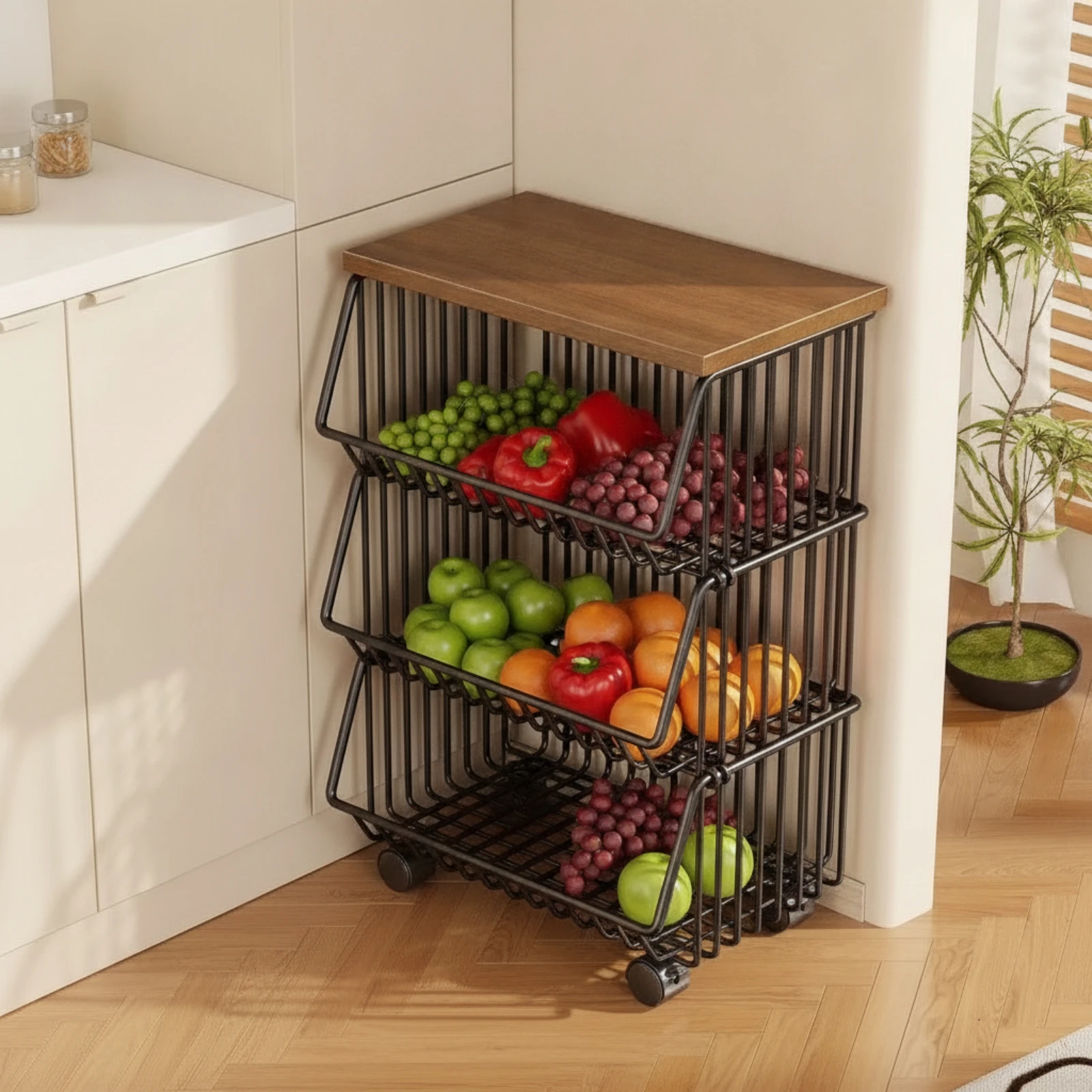 Kitchen Storage Cart with Wood Top Ventilated Rolling Cart with Wire Baskets Pantry Organizer Vertical Mobile for Apartment