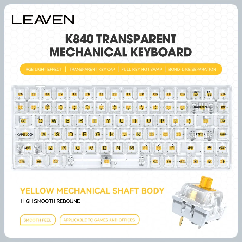 Transparency Mechanical Keyboard 84 Keys PC Wired USB Keyboard Transparent Cap with RGB Backlit Hot Swappable Gaming Keypad